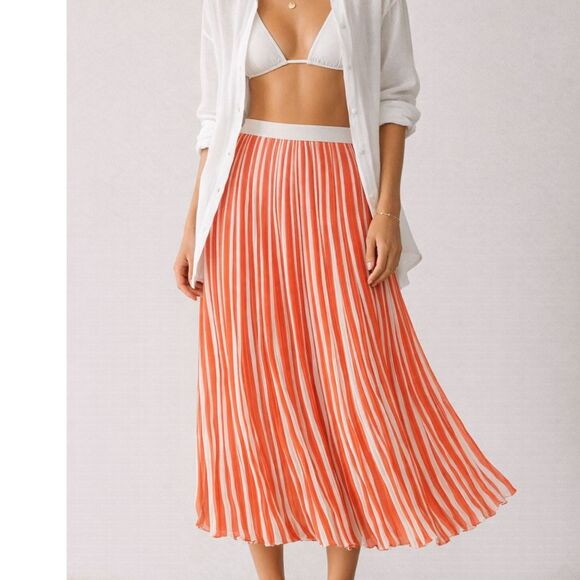 Kim Rogers Dresses & Skirts - Kim Rogers Striped Maxi Skirt Orange White Pleated Coastal Resort Wear Medium M